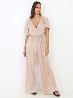 Combinaison En Satin Beige à Plissé Soleil Beige -Mode Étoilée Soldes Magasin W10 0969 BGE 3
