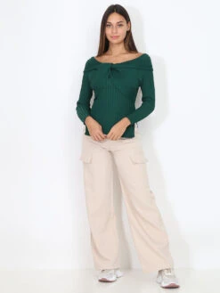 Top Côtelé à Col Bardot Noué -Mode Étoilée Soldes Magasin W15 6181 DKGRN 3