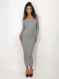 Robe Pull Longue Côtelée à Col V -Mode Étoilée Soldes Magasin W17 1020 GRY 3