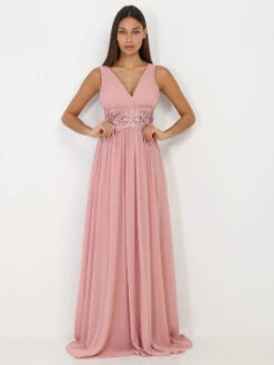 Robe Longue Rose à Buste Drapé Et Dentelle Vieux Rose