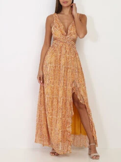 Robe Longue Orange Zébrée Avec Découpe Jaune