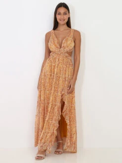 Robe Longue Orange Zébrée Avec Découpe Jaune -Mode Étoilée Soldes Magasin X10 1061 YLL 3