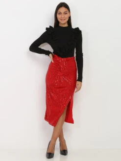 Jupe Mi-longue à Sequins Et Fente -Mode Étoilée Soldes Magasin X11 4511B RED 3