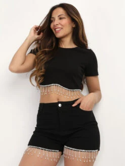 Mode Étoilée Soldes Magasin 3 Top Court à Franges Strassées