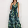 Robe Longue Ceinturée à Imprimé Tropical