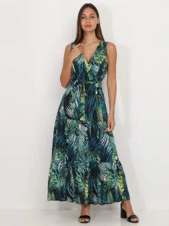 Robe Longue Ceinturée à Imprimé Tropical