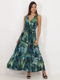 Robe Longue Ceinturée à Imprimé Tropical -Mode Étoilée Soldes Magasin X21 1889 3 BLK 3