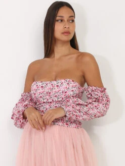 Crop Top Blanc Bustier à Petites Fleurs Roses Blanc