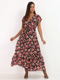 Robe Longue à Fleurs Et Détails -Mode Étoilée Soldes Magasin X29 0821 30 BLK 3