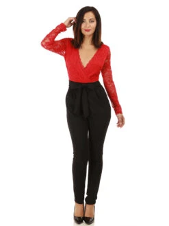 Combinaison à Dentelle Et Col V -Mode Étoilée Soldes Magasin X29 3841 REDBLK 3