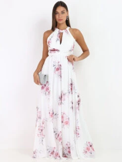 Robe Longue Dos Nu à Fleurs -Mode Étoilée Soldes Magasin Y21 R1393 WHT 3