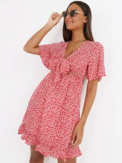 Robe à Fleurs Ajourée Avec Noeud -Mode Étoilée Soldes Magasin Y22 23349 RED 4