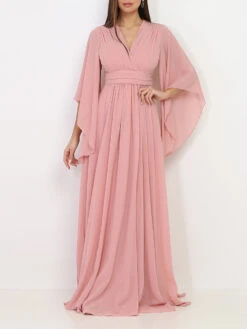 Robe Longue Drapée Vieux Rose à Manches Volantées Vieux Rose