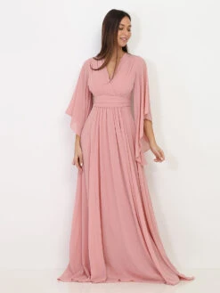 Robe Longue Drapée Vieux Rose à Manches Volantées Vieux Rose -Mode Étoilée Soldes Magasin Y24 HM2290 DKPNK 3