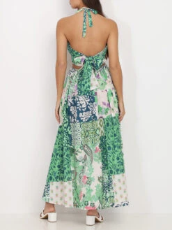 Robe Longue Fendue Verte à Motifs En Patchwork Vert -Mode Étoilée Soldes Magasin Y25 1057 GRN 3