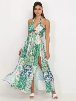 Robe Longue Fendue Verte à Motifs En Patchwork Vert -Mode Étoilée Soldes Magasin Y25 1057 GRN 4