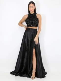 Jupe Longue Taille Haute Effet Satiné -Mode Étoilée Soldes Magasin Y32 12385 BLK 4