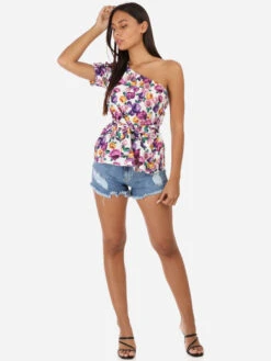 Top Fluide Asymétrique Motif Fleuri -Mode Étoilée Soldes Magasin Z06 3400 1 WHT 3