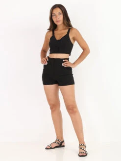 Crop Top Texturé Style Chambray -Mode Étoilée Soldes Magasin Z12 5166 BLK 3