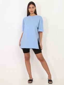 T-shirt Oversize Fendu Sur Les Côtés -Mode Étoilée Soldes Magasin Z20 9481 LTBLU 3