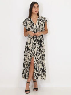Robe Longue Noire à Imprimé Feuilles Dorées Noir