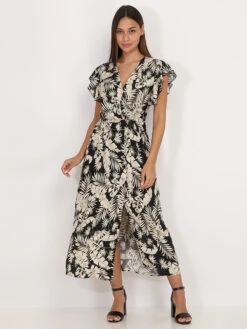 Robe Longue Noire à Imprimé Feuilles Dorées Noir -Mode Étoilée Soldes Magasin Z27 P8337 H BLK 3