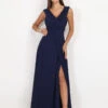 Robe Longue Drapée Bleu Marine Avec Fente Bleu Marine