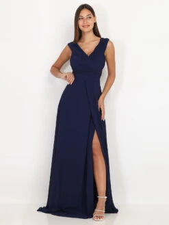 Robe Longue Drapée Bleu Marine Avec Fente Bleu Marine