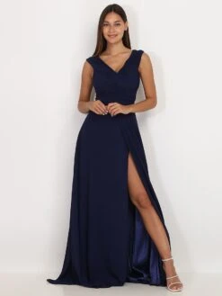 Robe Longue Drapée Bleu Marine Avec Fente Bleu Marine -Mode Étoilée Soldes Magasin Z32 R1390 NVY 4